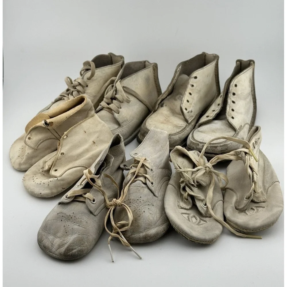 Vtg Baby Shoes Lot White Leather Infant First Walker Shoes 1920s–50s Tiny Titan+